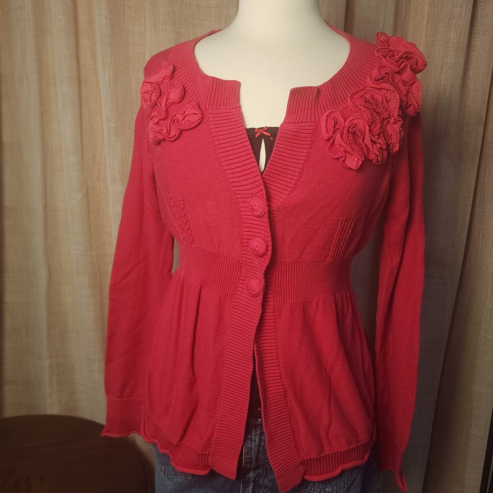 DKNY Jeans Coral/Red Floral Rosette Empire Waist Cardigan Sweater L Peplum